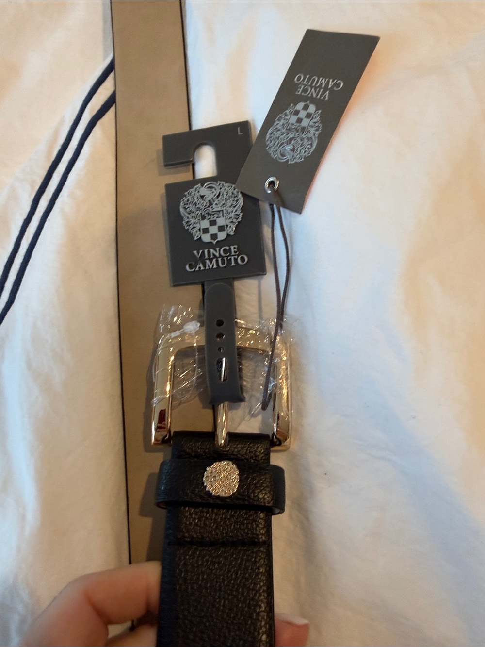 Vince Camuto Black Pebbled Leather Belt with Gold Buckle - Picture 2 of 4